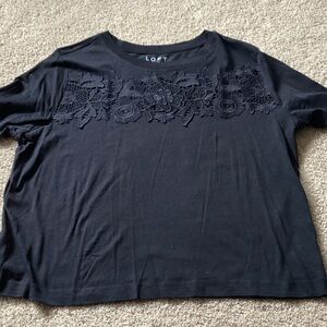 LOFT Black Short-Sleeve Tee with Floral Embroidered Yoke
